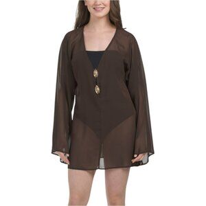 TRUE DESTINATION Solid Flowy Bell Sleeve V-neck Cover-up Tunic With Gold Tone Ha
